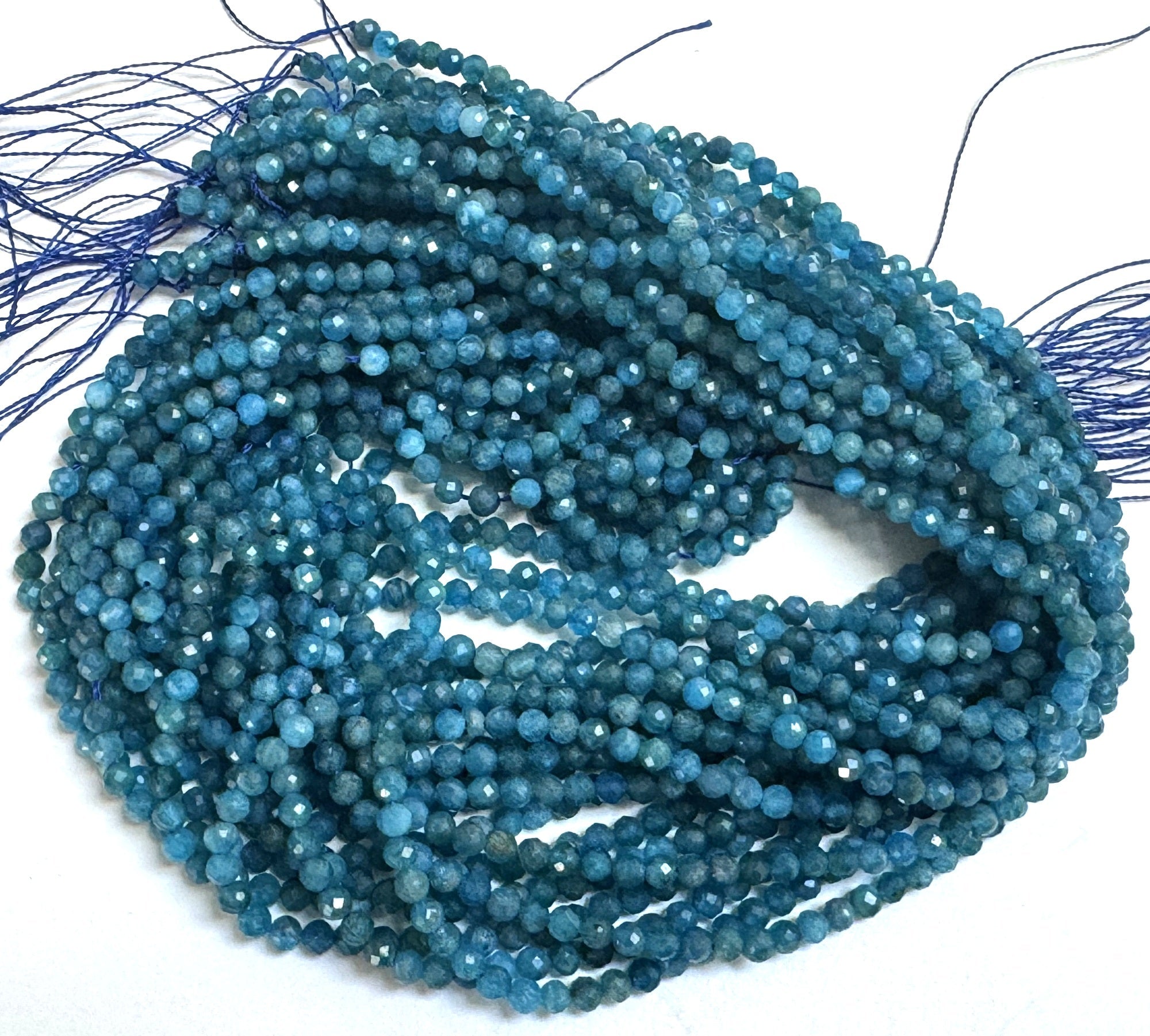 Blue Apatite 3mm 4mm faceted round natural gemstone beads 15.5" strand - Oz Beads 