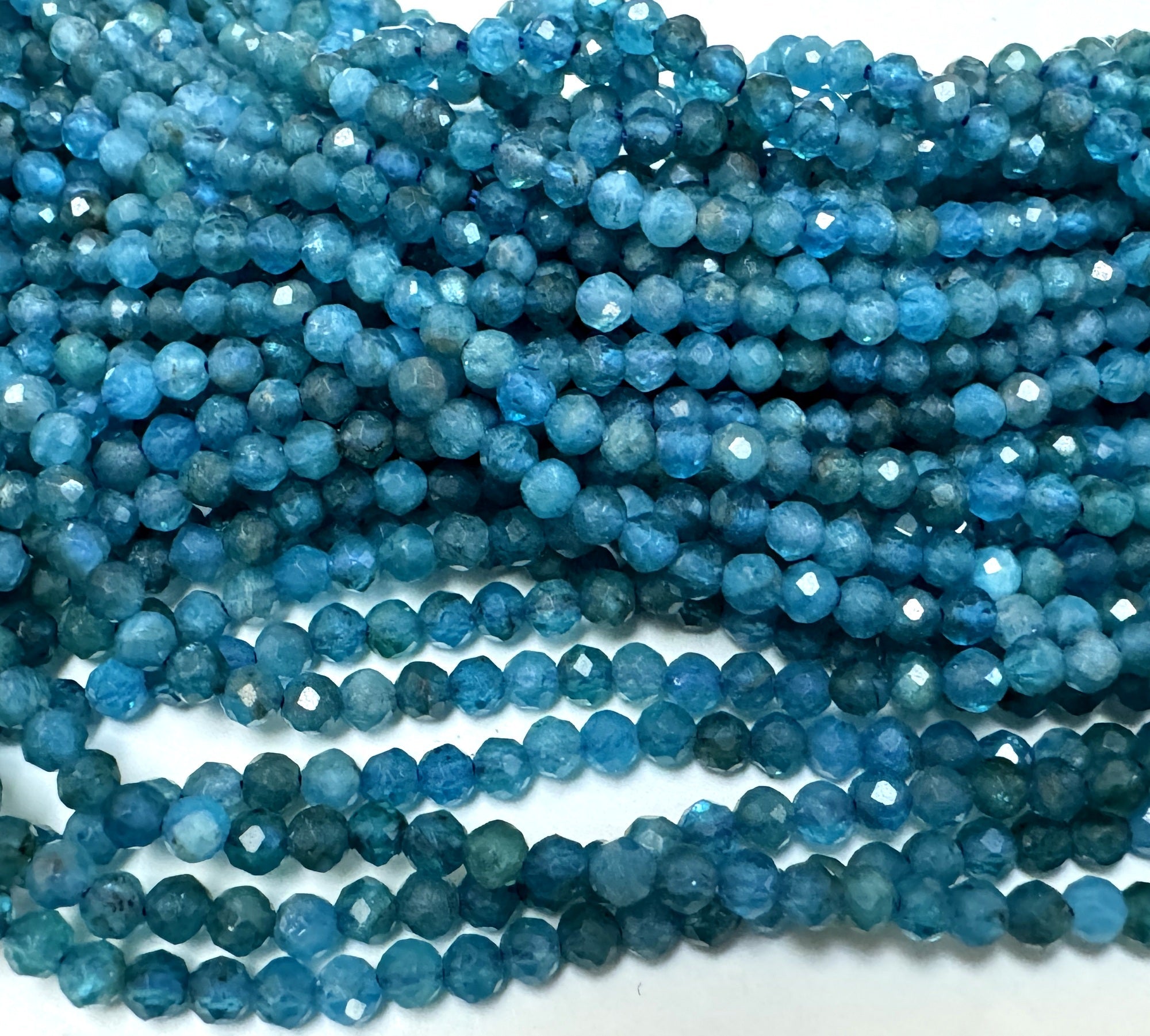 Blue Apatite 3mm 4mm faceted round natural gemstone beads 15.5" strand - Oz Beads 
