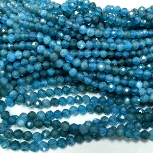 Blue Apatite 3mm 4mm faceted round natural gemstone beads 15.5" strand - Oz Beads 
