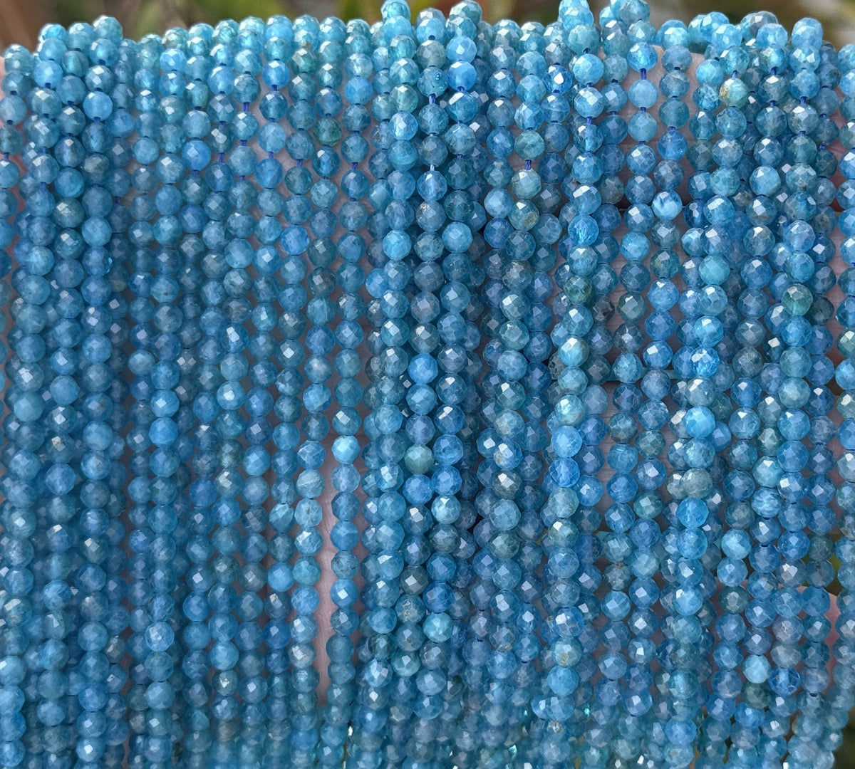 Blue Apatite 3mm faceted round natural gemstone beads 15.5" strand - Oz Beads 