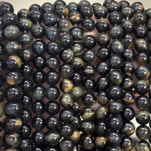 Blue Yellow Tiger Eye 10mm round natural gemstone beads 15.5" strand - Oz Beads 