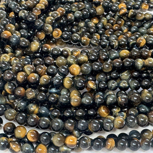 Blue Yellow Tiger Eye 6mm round natural gemstone beads 15" strand - Oz Beads 