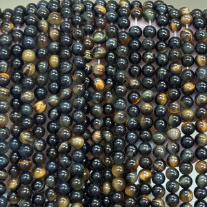 Blue Yellow Tiger Eye 6mm round natural gemstone beads 15" strand - Oz Beads 