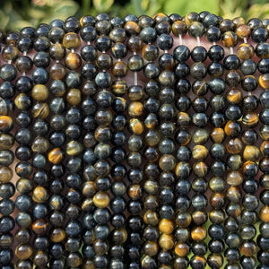 Blue Yellow Tiger Eye 6mm round natural gemstone beads 15" strand - Oz Beads 