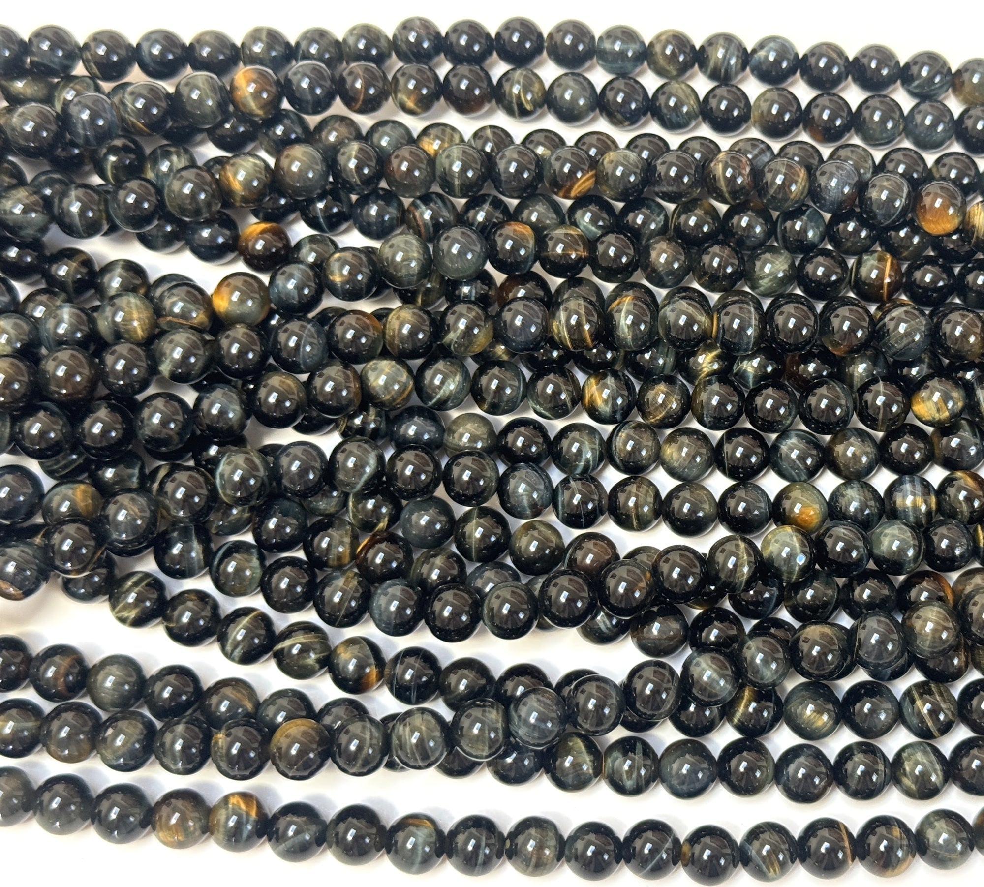 Blue Yellow Tiger Eye 8mm round natural gemstone beads 15.5" strand - Oz Beads 