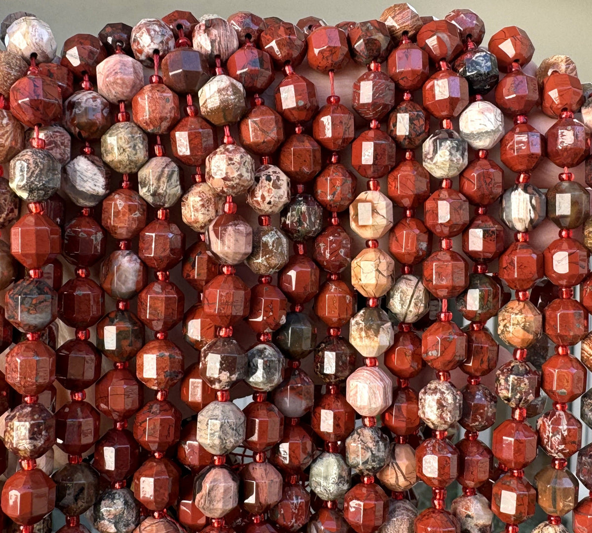 Fire Poppy Jasper faceted 9x10mm energy prism beads 15" strand - Oz Beads 