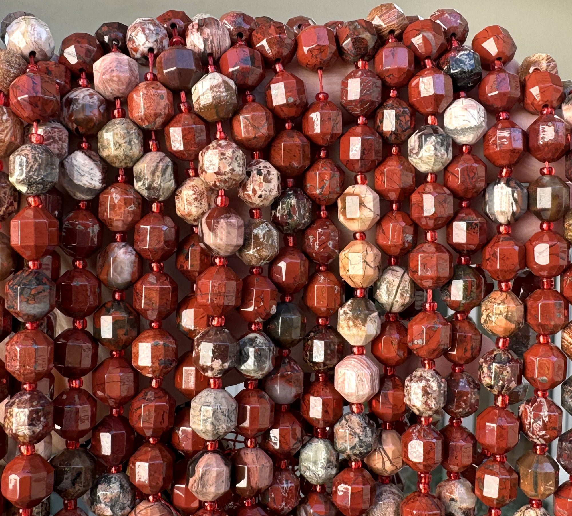 Fire Poppy Jasper faceted 9x10mm energy prism beads 15" strand - Oz Beads 