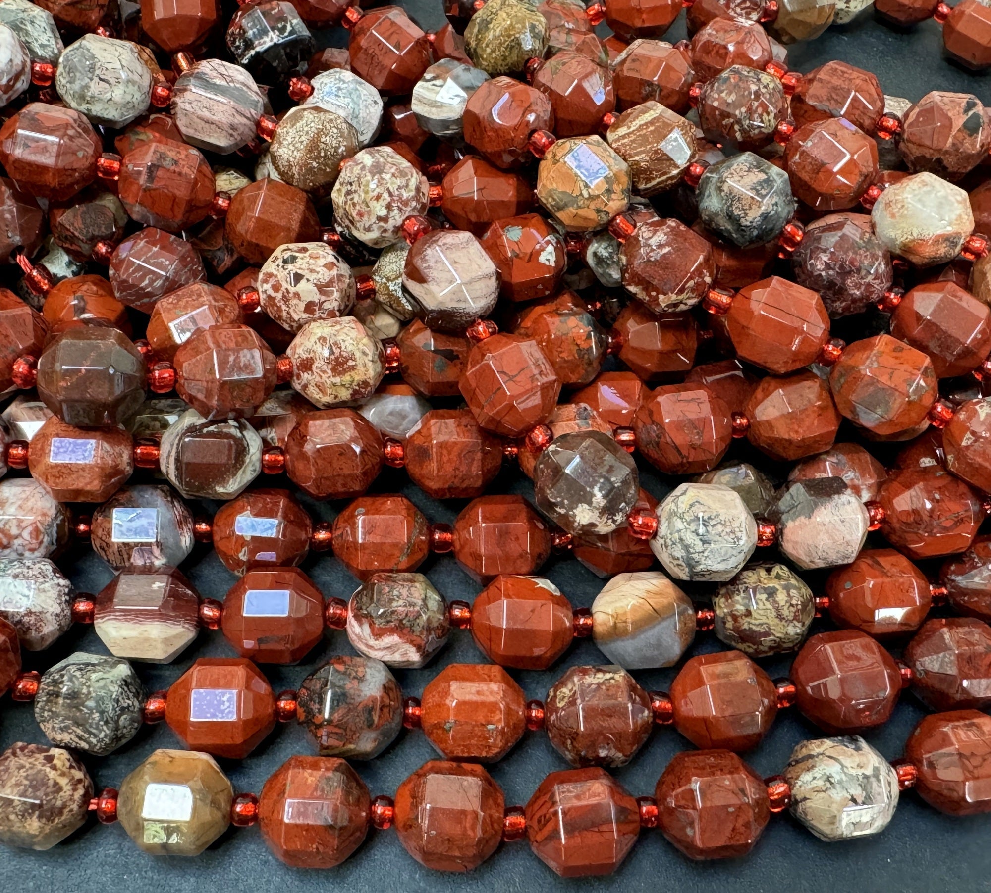 Fire Poppy Jasper faceted 9x10mm energy prism beads 15" strand - Oz Beads 