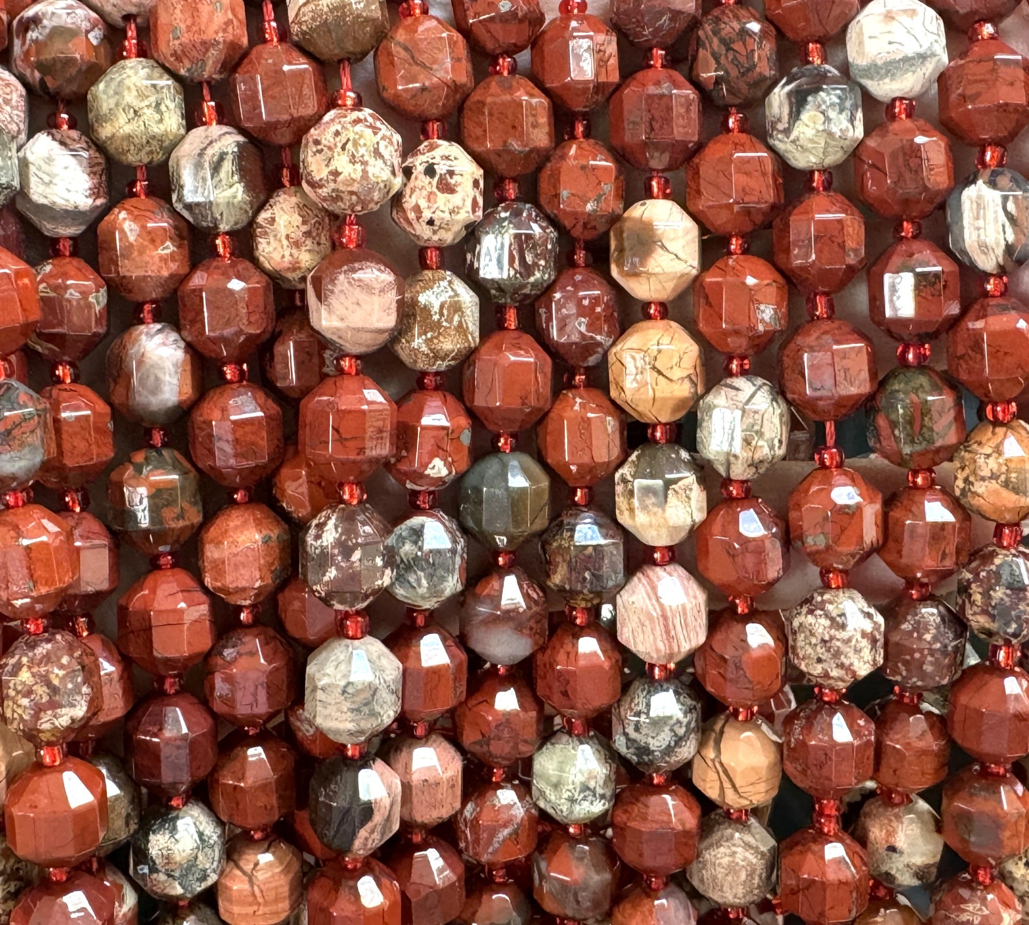Fire Poppy Jasper faceted 9x10mm energy prism beads 15" strand - Oz Beads 