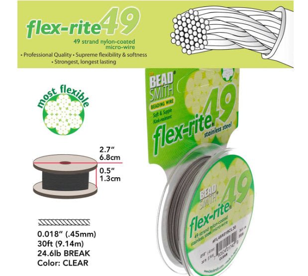 Flexrite 49 strands 0.018" beading wire, Clear, 30 Ft - Oz Beads 