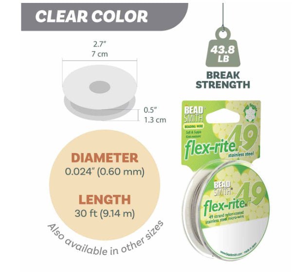 Flexrite 49 strands 0.024" beading wire, Clear, 30 Ft (9.1m) - Oz Beads