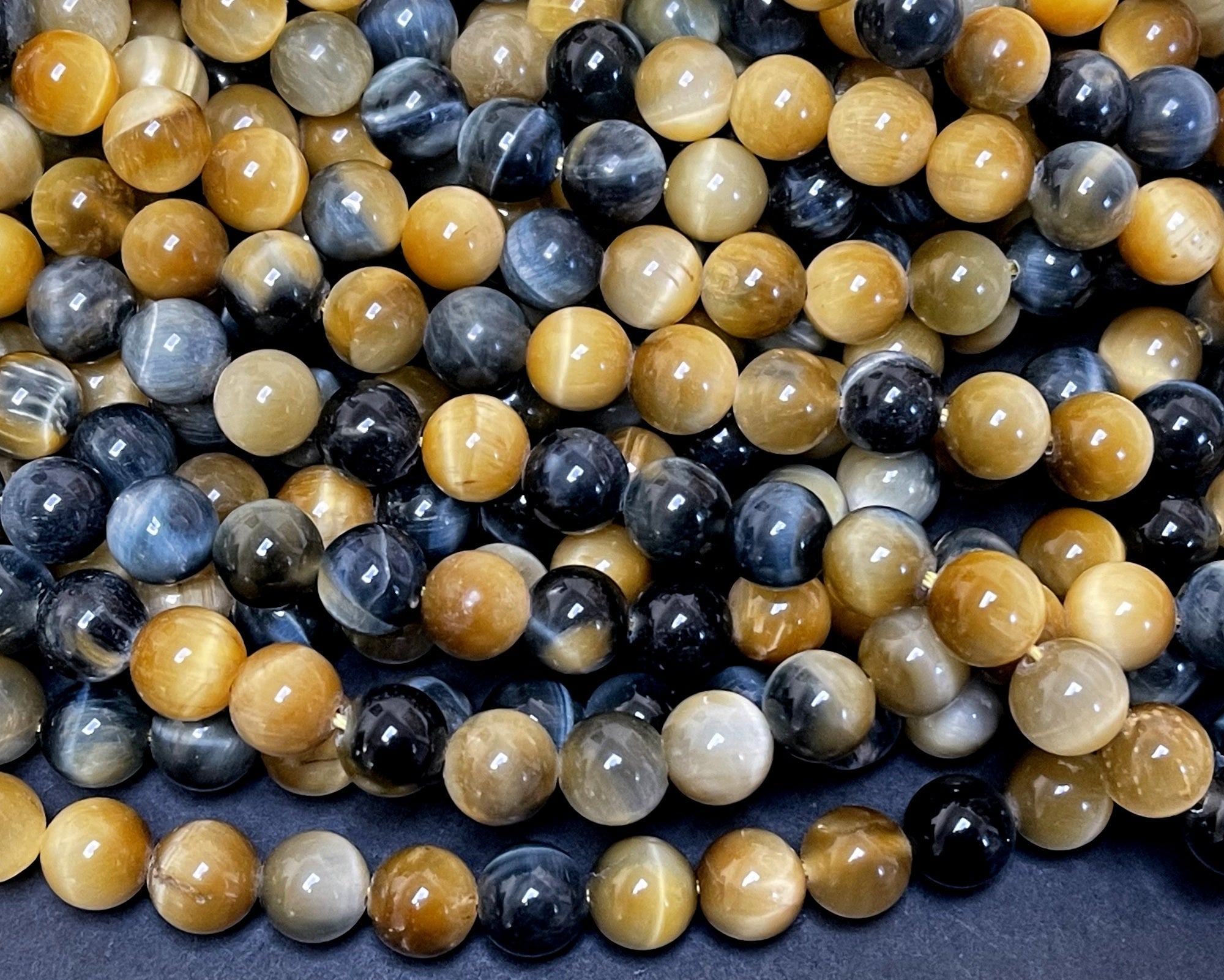 Golden Blue Tiger Eye 8mm round gemstone beads 15.5" strand - Oz Beads 