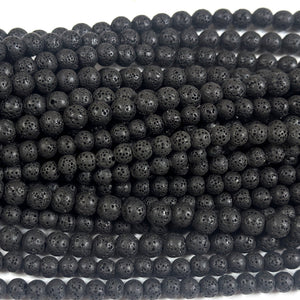 Natural black lava diffuser beads on 15.5-inch strand; 6/8/10mm round, porous with 2mm holes.