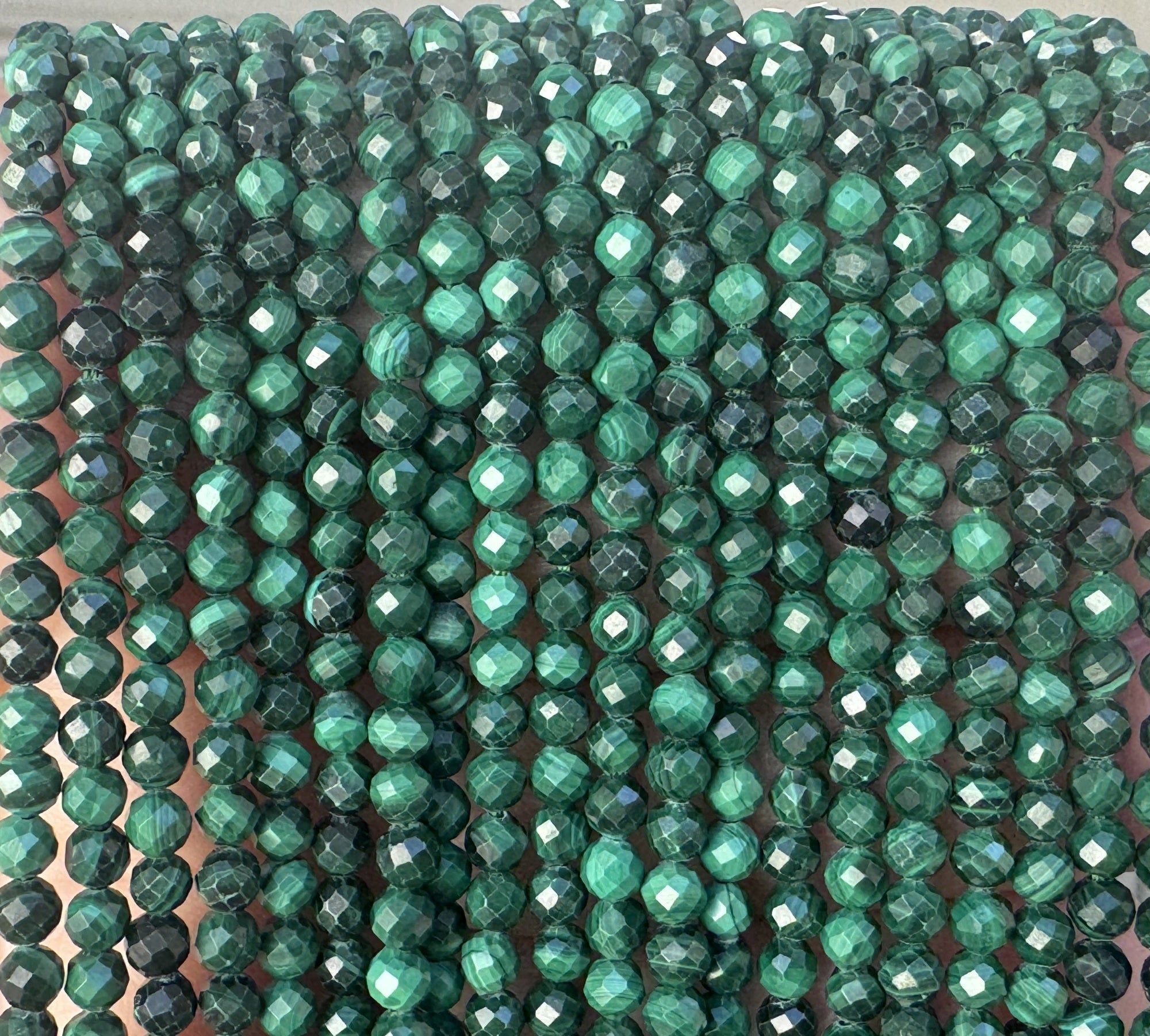 Malachite 3mm faceted round natural gemstone beads 15.5" strand - Oz Beads 
