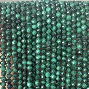Malachite 3mm faceted round natural gemstone beads 15.5" strand - Oz Beads 