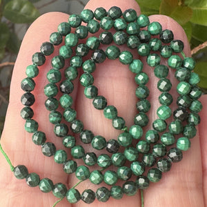 Malachite 3mm faceted round natural gemstone beads 15.5" strand - Oz Beads 