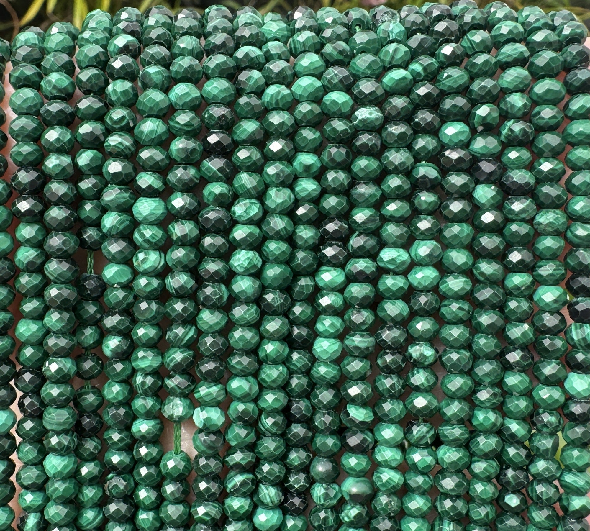 Malachite 3x4mm faceted rondelle natural gemstone beads 15" strand - Oz Beads 