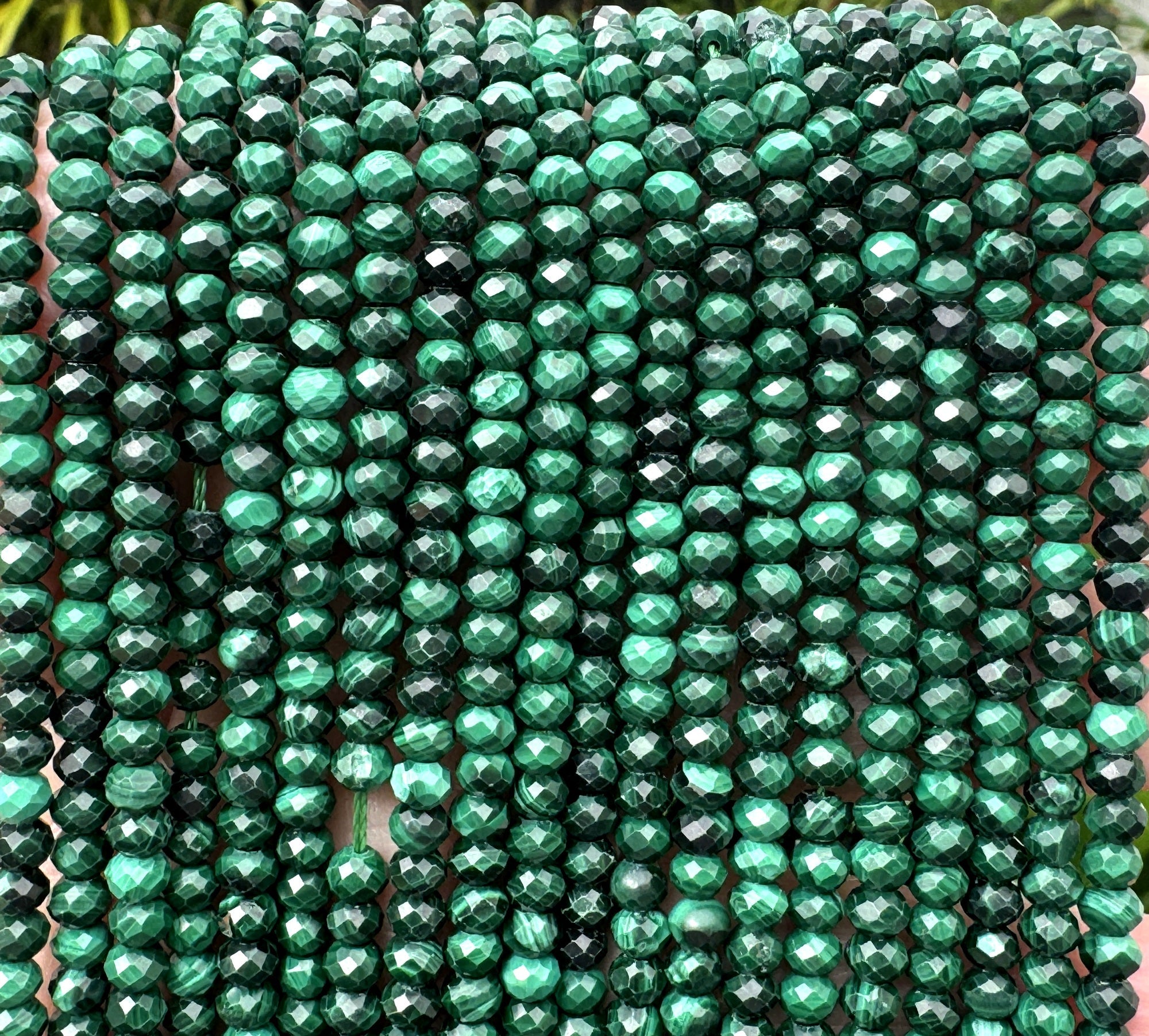Malachite 3x4mm faceted rondelle natural gemstone beads 15" strand - Oz Beads 