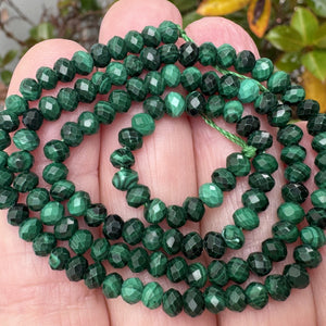 Malachite 3x4mm faceted rondelle natural gemstone beads 15" strand - Oz Beads 