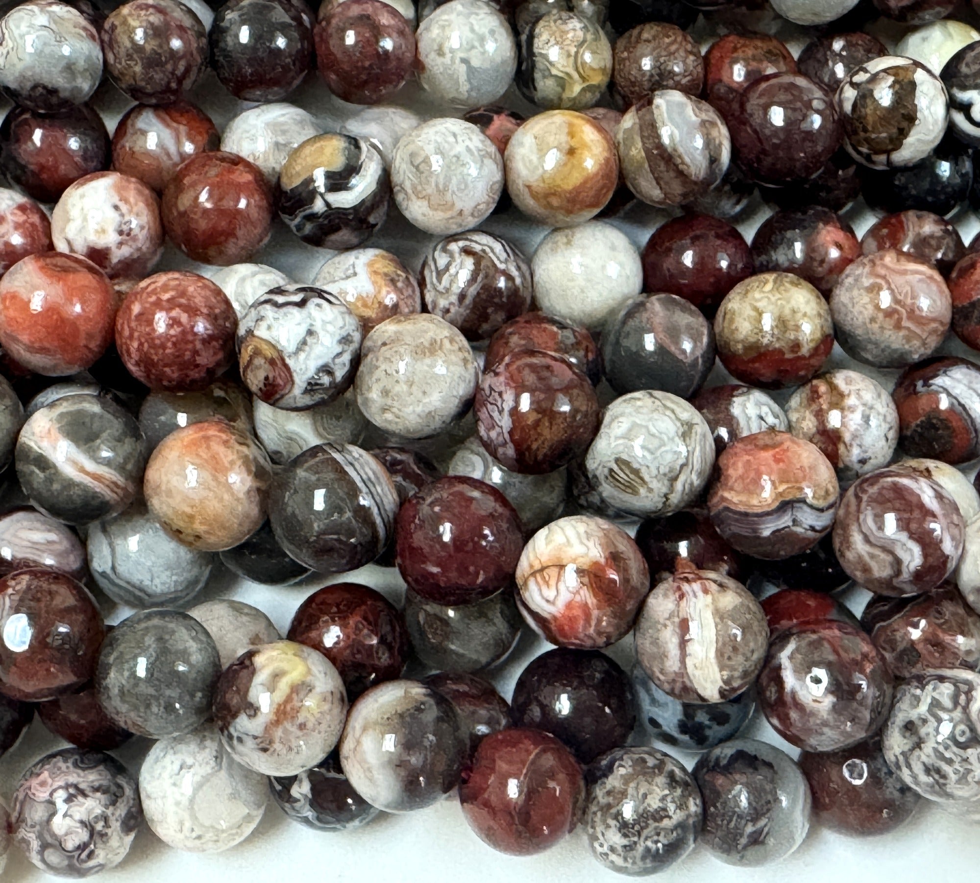 Mexican Red Laguna Lace Agate 8mm round natural gemstone beads 15" strand - Oz Beads 