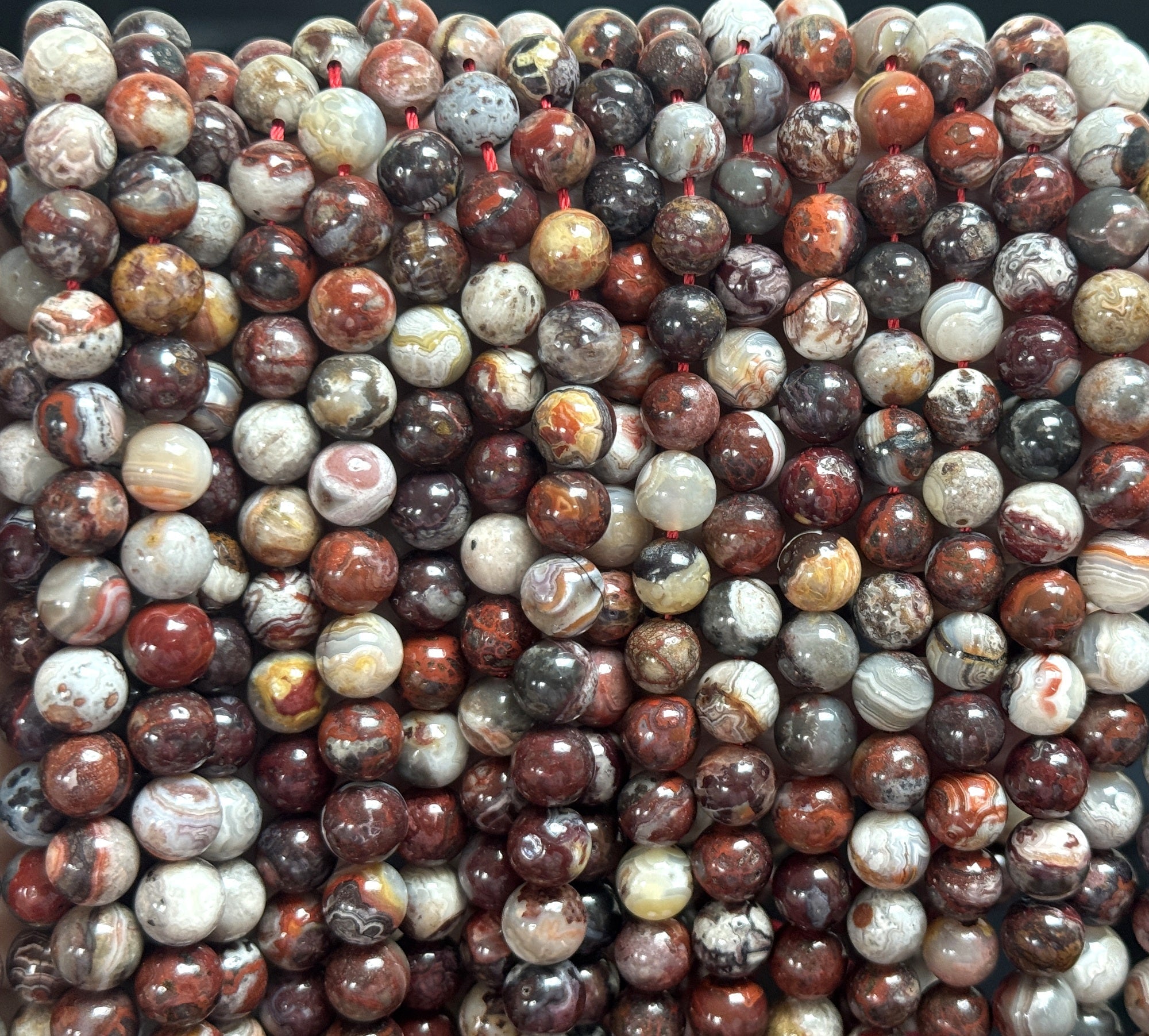 Mexican Red Laguna Lace Agate 8mm round natural gemstone beads 15" strand - Oz Beads 