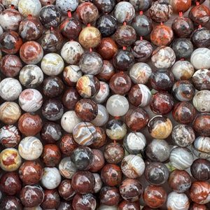 Mexican Red Laguna Lace Agate 8mm round natural gemstone beads 15" strand - Oz Beads 
