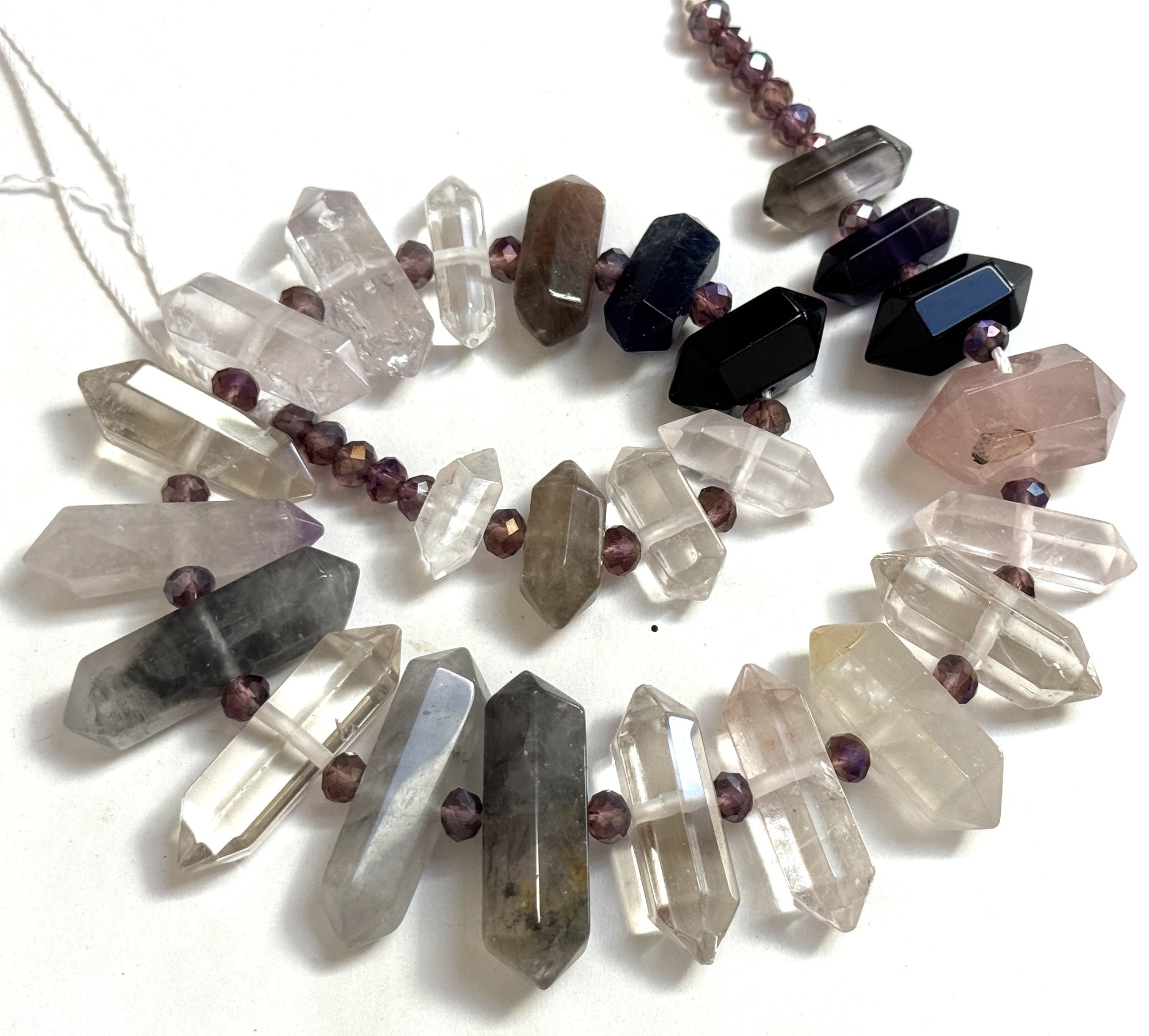 Mixed Gemstone Points, 25 double terminated center drilled natural crystal beads, 38cm strand - Oz Beads 