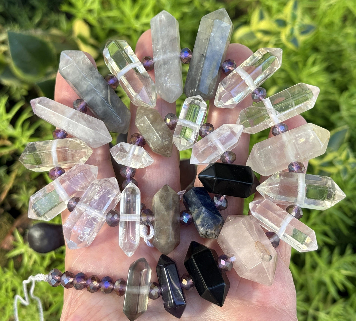 Mixed Gemstone Points, 25 double terminated center drilled natural crystal beads, 38cm strand - Oz Beads 