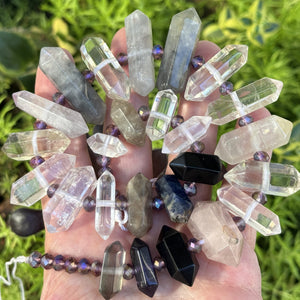 Mixed Gemstone Points, 25 double terminated center drilled natural crystal beads, 38cm strand - Oz Beads 