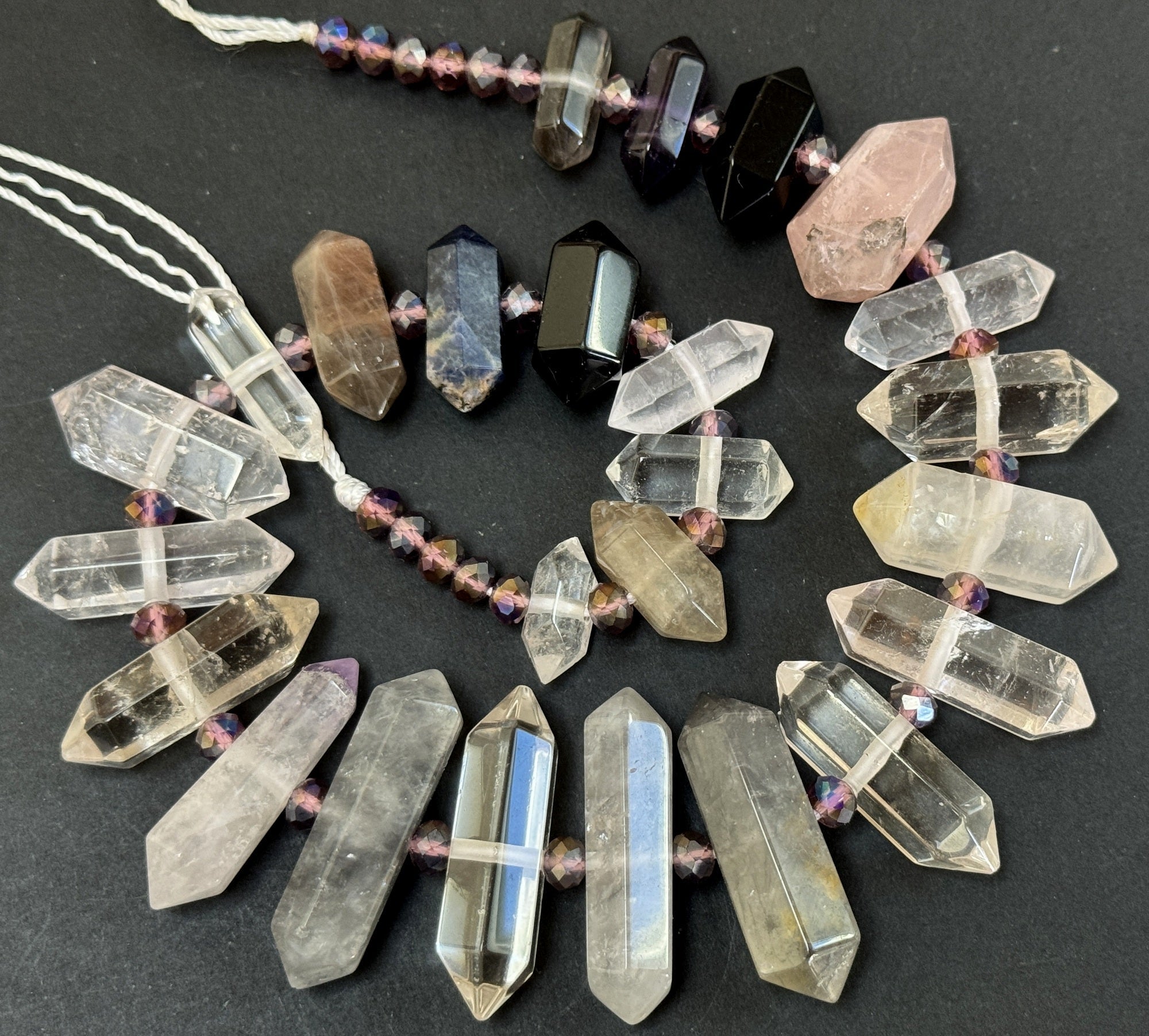 Mixed Gemstone Points, 25 double terminated center drilled natural crystal beads, 38cm strand - Oz Beads 