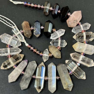 Mixed Gemstone Points, 25 double terminated center drilled natural crystal beads, 38cm strand - Oz Beads 
