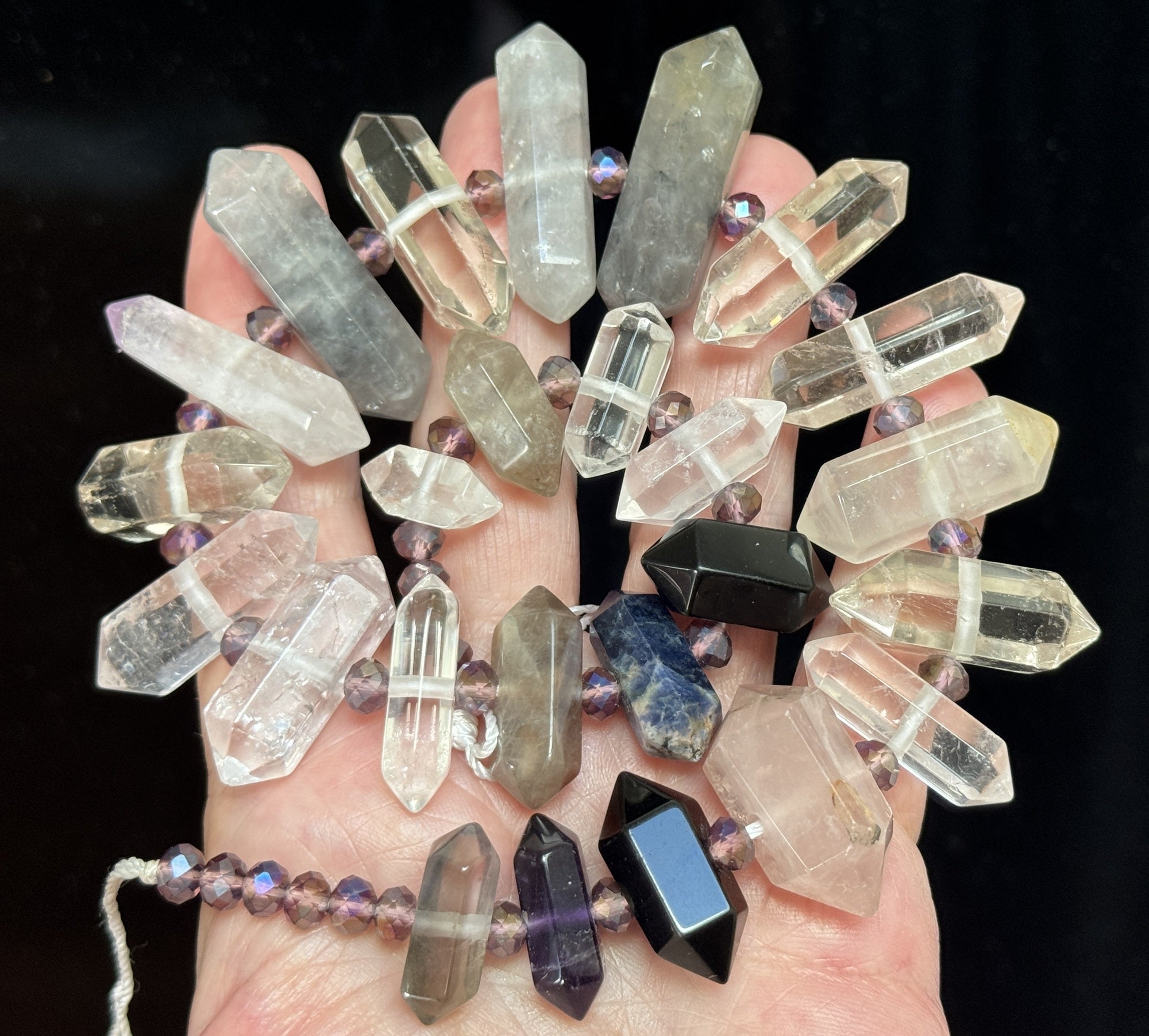 Mixed Gemstone Points, 25 double terminated center drilled natural crystal beads, 38cm strand - Oz Beads 
