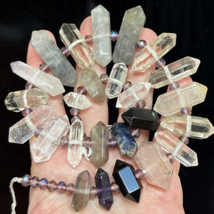 Mixed Gemstone Points, 25 double terminated center drilled natural crystal beads, 38cm strand - Oz Beads 