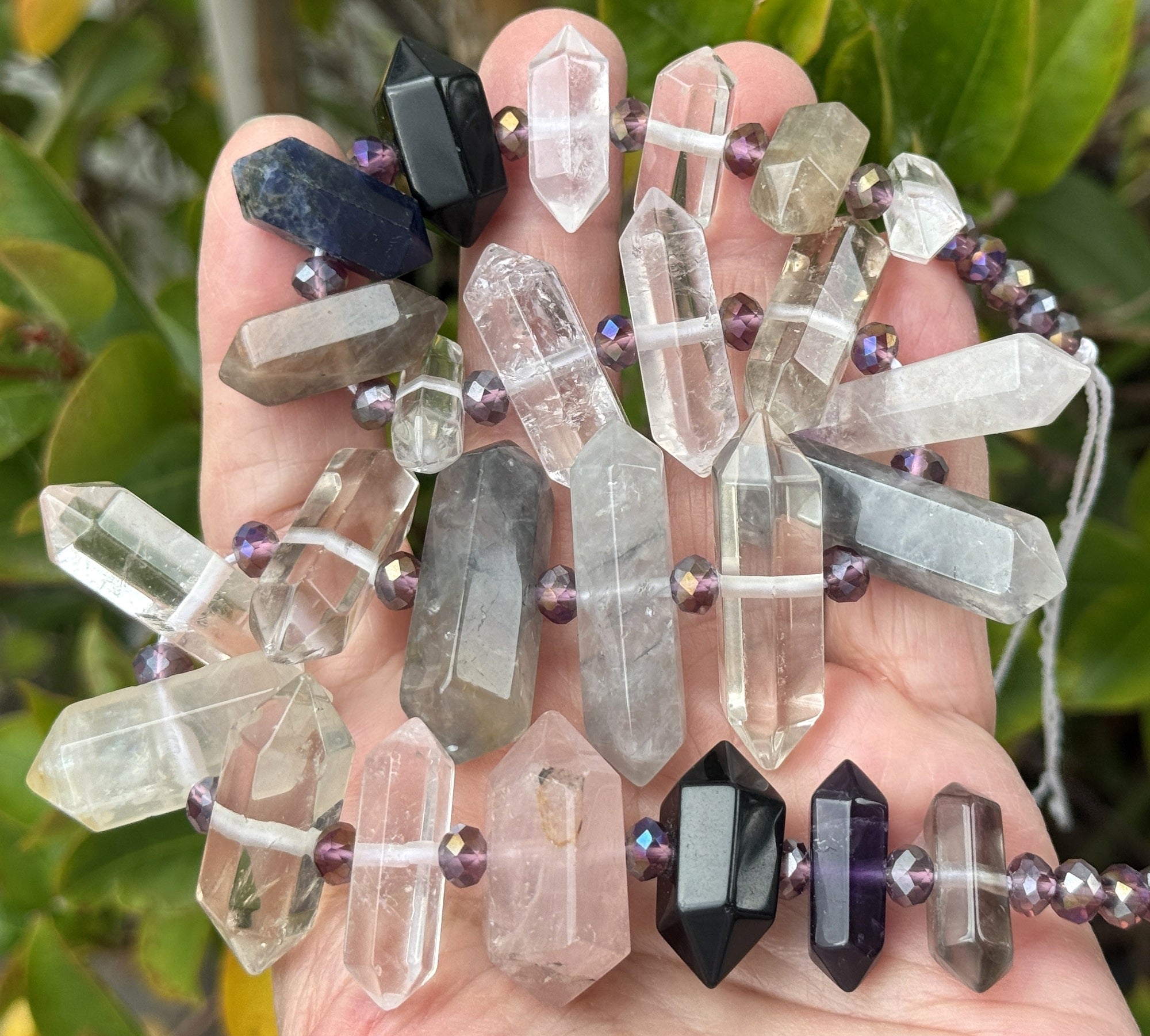 Mixed Gemstone Points, 25 double terminated center drilled natural crystal beads, 38cm strand - Oz Beads 