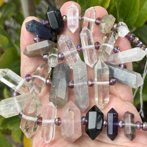 Mixed Gemstone Points, 25 double terminated center drilled natural crystal beads, 38cm strand - Oz Beads 