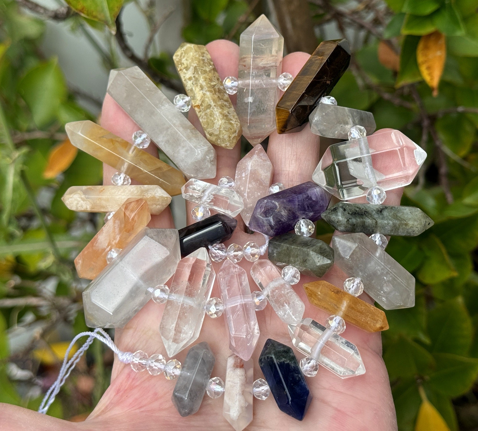Mixed Gemstone Points, 25 double terminated center drilled natural crystal beads, 39cm strand - Oz Beads 