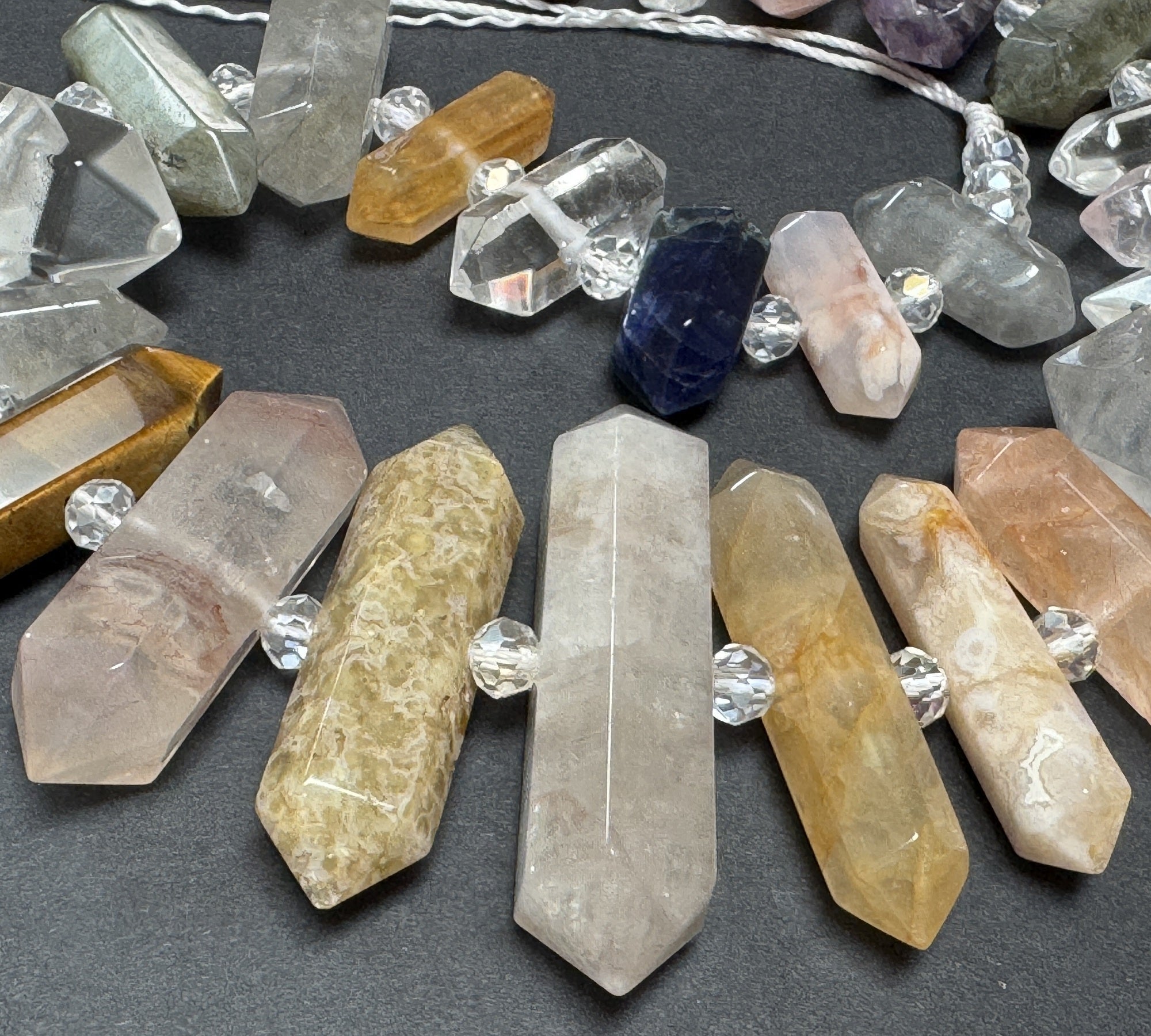 Mixed Gemstone Points, 25 double terminated center drilled natural crystal beads, 39cm strand - Oz Beads 