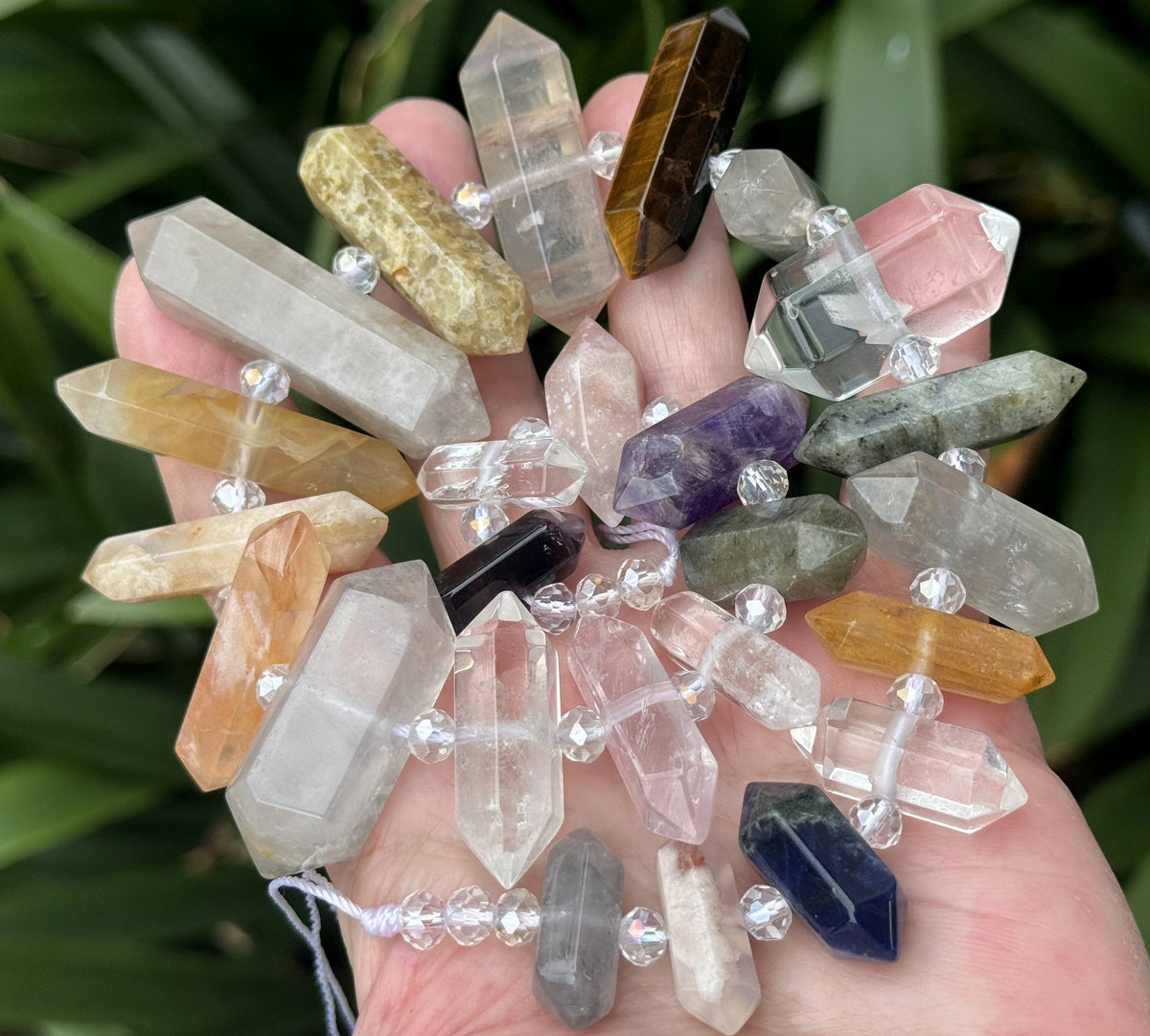 Mixed Gemstone Points, 25 double terminated center drilled natural crystal beads, 39cm strand - Oz Beads 
