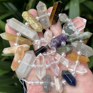 Mixed Gemstone Points, 25 double terminated center drilled natural crystal beads, 39cm strand - Oz Beads 