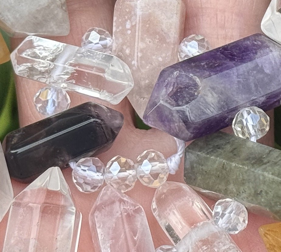 Mixed Gemstone Points, 25 double terminated center drilled natural crystal beads, 39cm strand - Oz Beads 