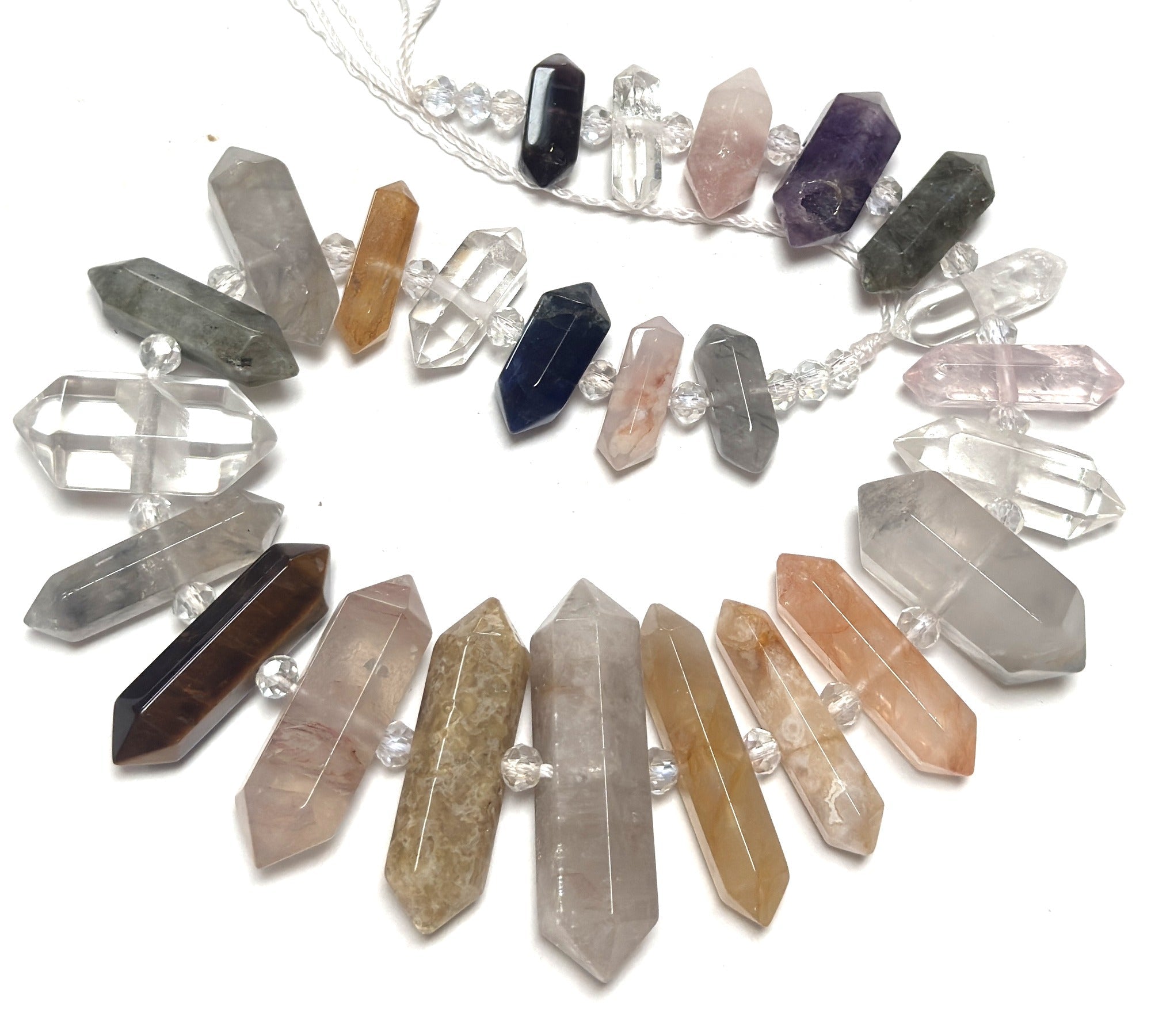 Mixed Gemstone Points, 25 double terminated center drilled natural crystal beads, 39cm strand - Oz Beads 
