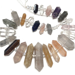 Mixed Gemstone Points, 25 double terminated center drilled natural crystal beads, 39cm strand - Oz Beads 