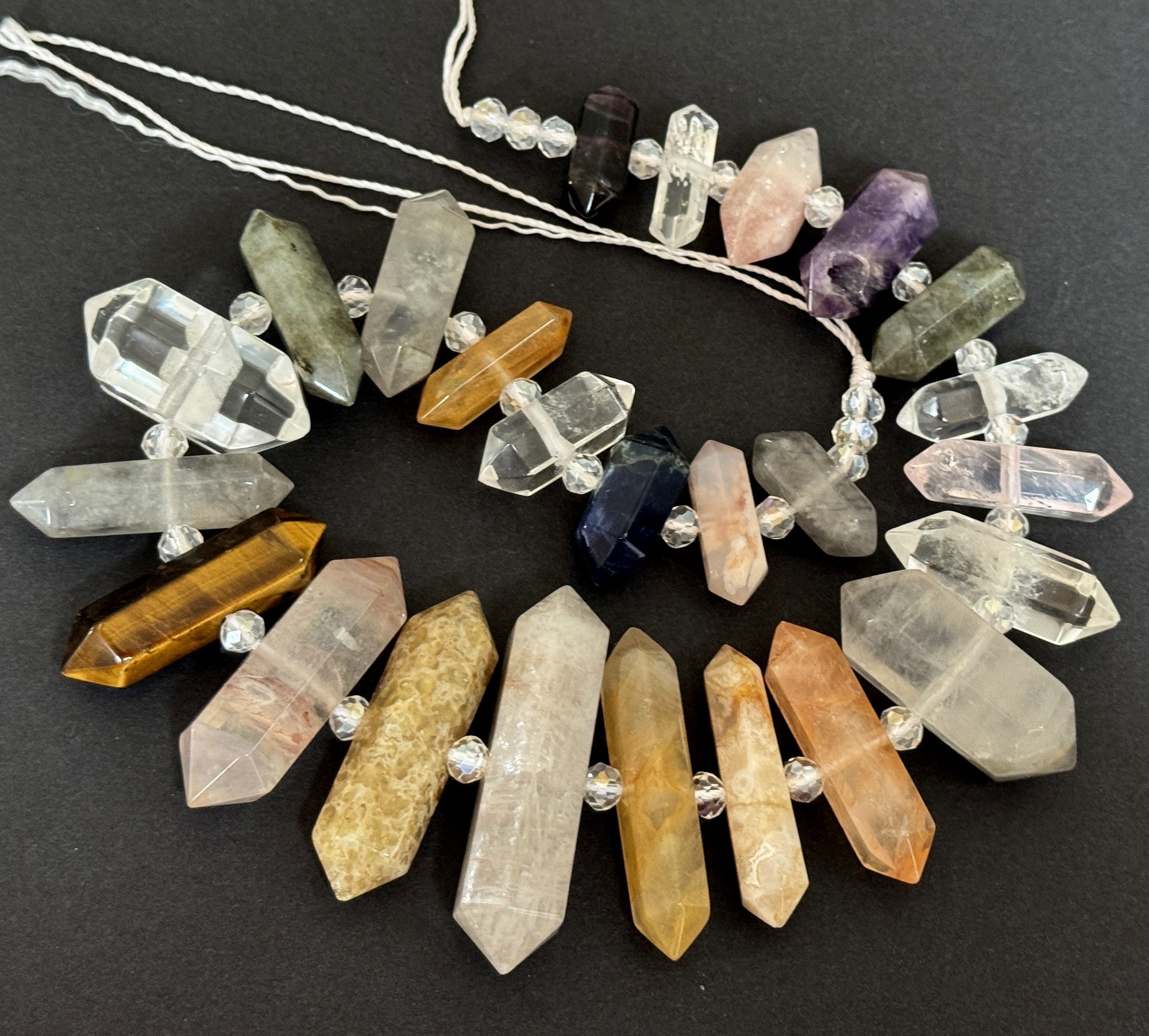 Mixed Gemstone Points, 25 double terminated center drilled natural crystal beads, 39cm strand - Oz Beads 