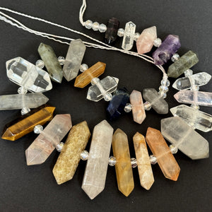 Mixed Gemstone Points, 25 double terminated center drilled natural crystal beads, 39cm strand - Oz Beads 