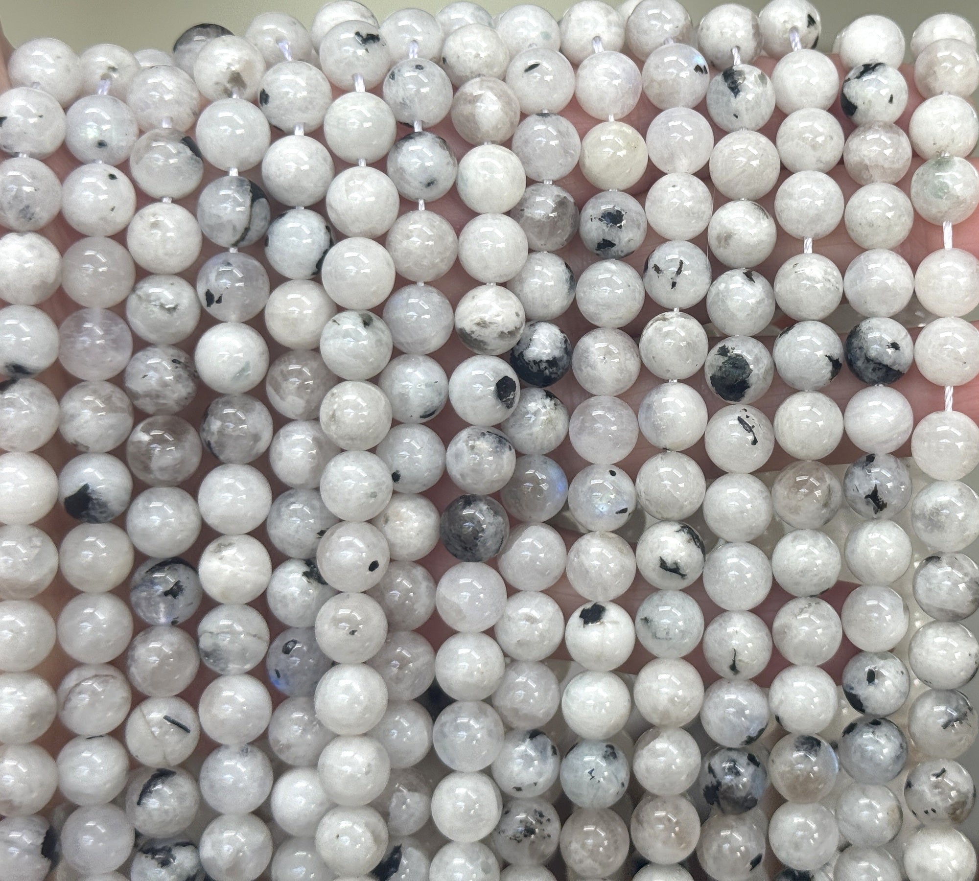 Moonstone with Black Tourmaline 8mm round natural gemstone beads 15.5" strand - Oz Beads 