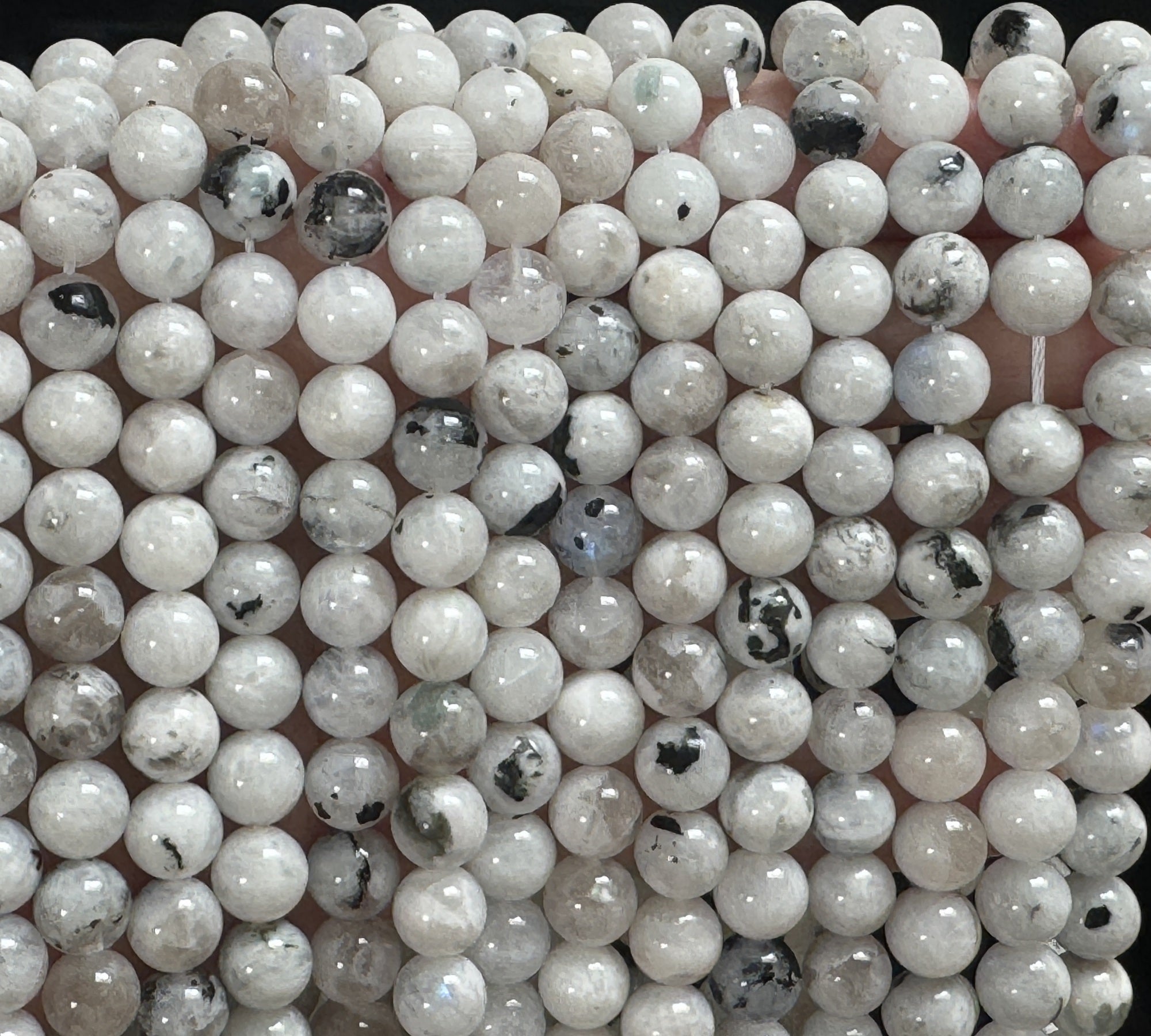 Moonstone with Black Tourmaline 8mm round natural gemstone beads 15.5" strand - Oz Beads 