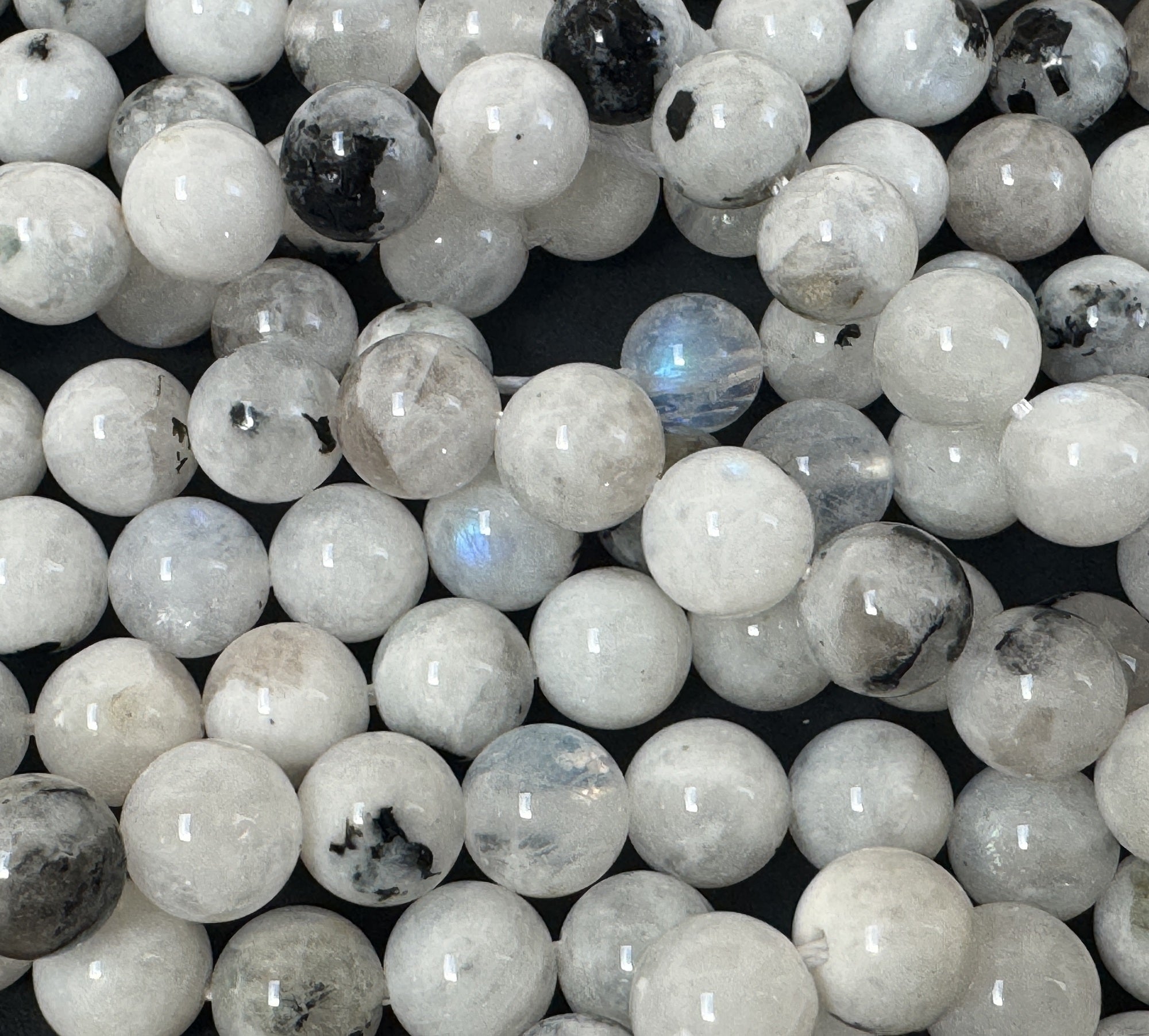 Moonstone with Black Tourmaline 8mm round natural gemstone beads 15.5" strand - Oz Beads 