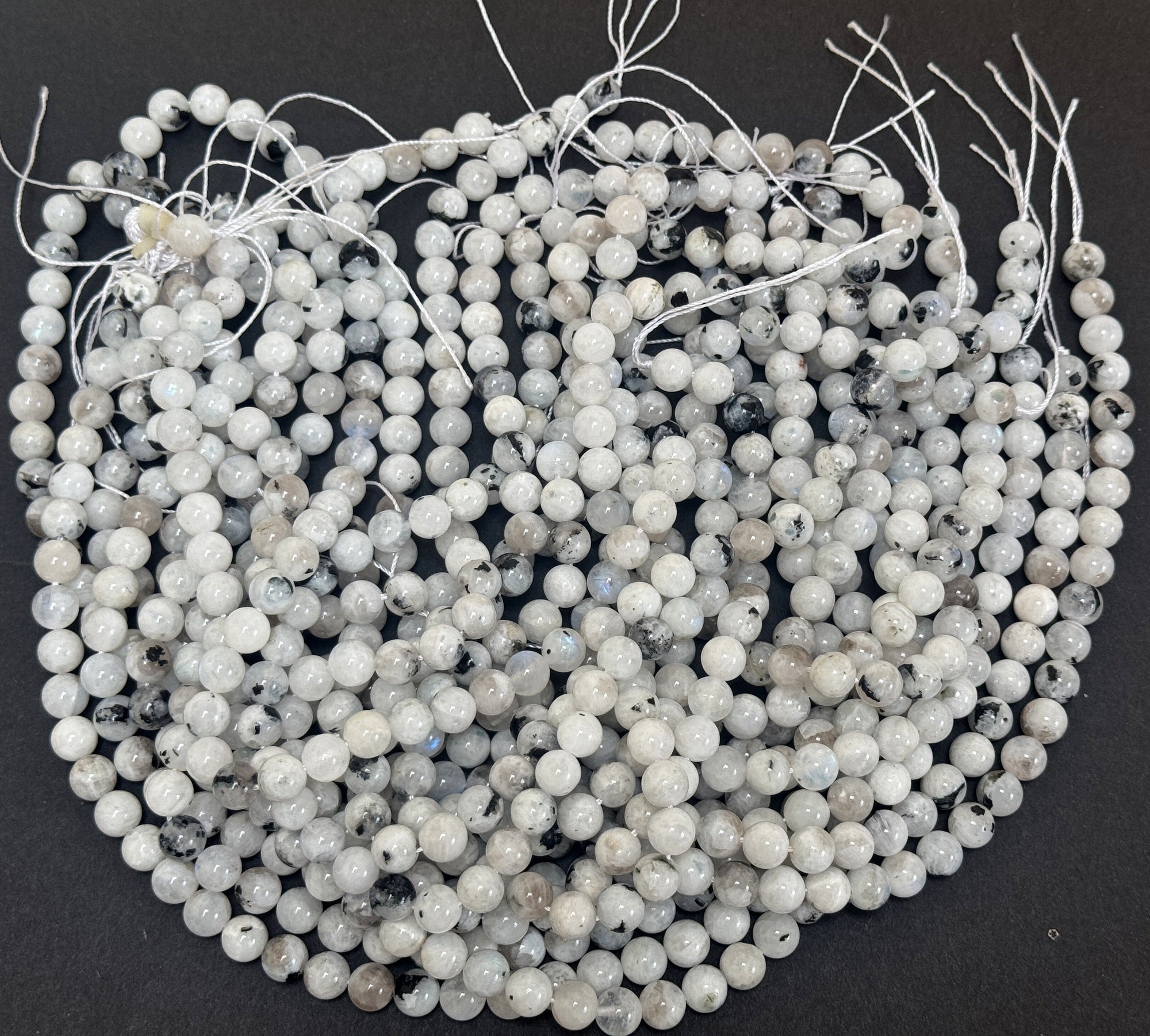 Moonstone with Black Tourmaline 8mm round natural gemstone beads 15.5" strand - Oz Beads 