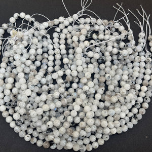 Moonstone with Black Tourmaline 8mm round natural gemstone beads 15.5" strand - Oz Beads 