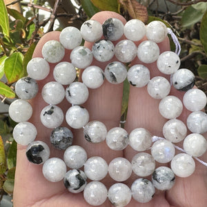 Moonstone with Black Tourmaline 8mm round natural gemstone beads 15.5" strand - Oz Beads 